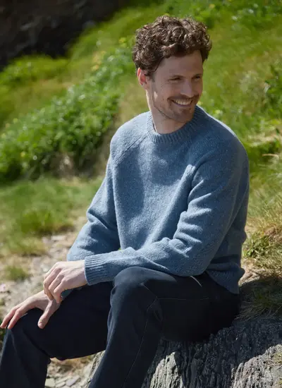 Aidan Wool Cashmere Tweed Crew in Denim